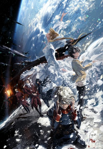 Anime picture 833x1200 with aldnoah.zero a-1 pictures slaine troyard asseylum vers allusia kaizuka inaho cruhteo saazbaum orleans stu dts long hair tall image blush fringe short hair black hair brown hair standing white hair wind sunlight