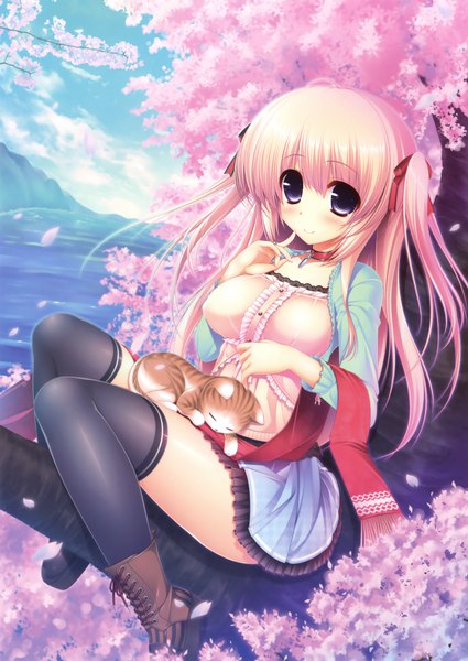 Anime picture 2477x3500 with original aotsuki shinobu single long hair tall image blush highres sitting purple eyes looking away pink hair scan official art cherry blossoms girl thighhighs dress black thighhighs plant (plants) animal