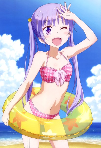 Anime picture 4088x5966 with new game! doga kobo nyantype suzukaze aoba single long hair tall image looking at viewer blush highres open mouth light erotic purple eyes twintails absurdres sky purple hair cloud (clouds) one eye closed wink