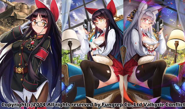 Anime picture 1620x960 with valkyrie conflict nuclear warhead (anti) long hair black hair wide image sitting multiple girls brown eyes animal ears yellow eyes silver hair pink eyes multiview column lineup girl thighhighs dress uniform bow black thighhighs