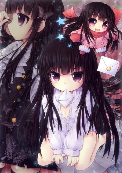 Anime picture 706x1000 with inu x boku ss david production shirakiin ririchiyo kabocha usagi long hair tall image light erotic black hair purple eyes chibi girl shirt star (symbol) letter