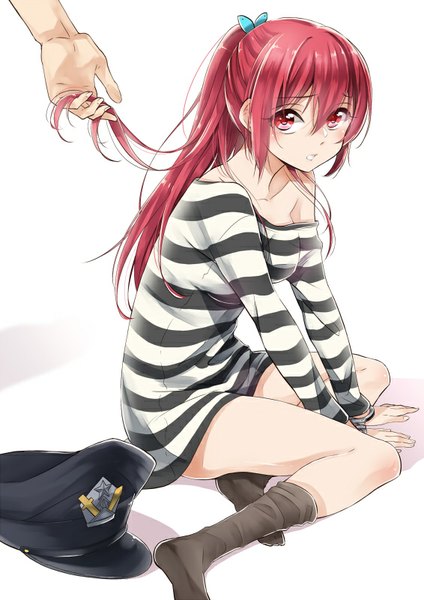 Anime picture 566x800 with free! kyoto animation matsuoka rin matsuoka gou watawata (wtaawata) long hair tall image blush fringe breasts open mouth simple background red eyes ponytail red hair solo focus girl boy hat flat cap