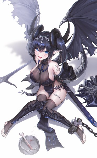 Anime picture 4000x6472 with original yjs0803123 single tall image looking at viewer blush fringe highres short hair breasts open mouth blue eyes light erotic black hair simple background hair between eyes large breasts sitting twintails absurdres