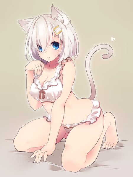 Anime picture 1200x1600 with kantai collection hamakaze destroyer ozu warudo single tall image looking at viewer fringe short hair blue eyes light erotic simple background smile hair between eyes animal ears full body white hair tail animal tail barefoot cat ears