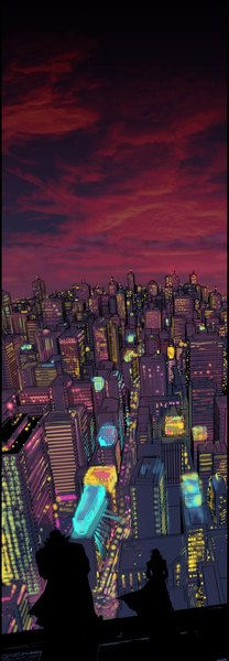 Anime picture 497x1435 with noblesse m-21 m-24 lee gwang su tall image short hair standing cloud (clouds) outdoors long sleeves from above from behind scan night multiple boys night sky city cityscape city lights silhouette