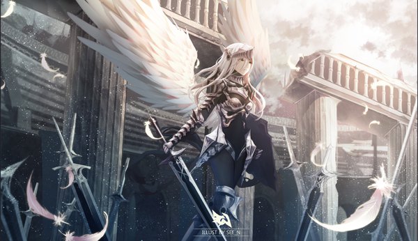 Anime picture 6932x4000 with original see n single long hair fringe highres hair between eyes wide image holding green eyes signed looking away absurdres outdoors white hair sparkle angel wings girl gloves weapon