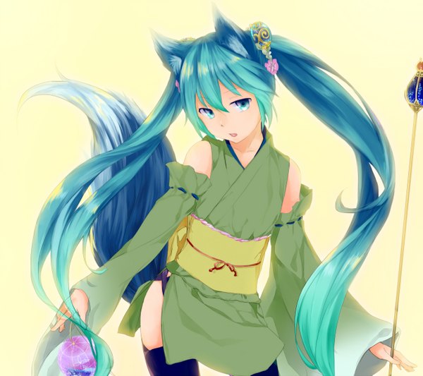 Anime picture 1382x1228 with vocaloid hatsune miku nekokitsune0905 single long hair open mouth white background twintails bare shoulders animal ears very long hair japanese clothes animal tail aqua eyes aqua hair fox ears fox tail fox girl girl thighhighs