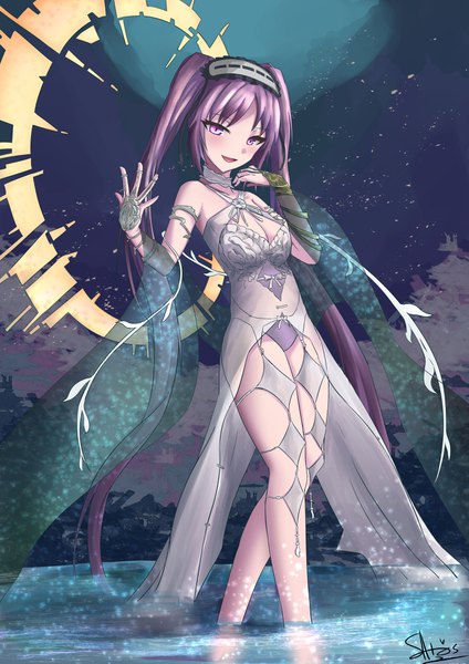 Anime picture 2894x4093 with fate (series) fate/hollow ataraxia stheno ichikawayan single long hair tall image looking at viewer blush fringe highres breasts open mouth light erotic purple eyes bare shoulders signed cleavage purple hair very long hair