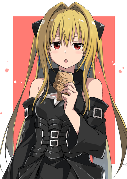 Anime picture 1756x2479 with toloveru toloveru darkness xebec konjiki no yami rauto single long hair tall image fringe highres open mouth simple background blonde hair hair between eyes red eyes upper body two side up border red background outside border