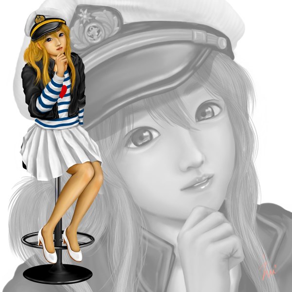 Anime picture 1200x1200 with k-on! kyoto animation kotobuki tsumugi ebi (eeotoko) single long hair blue eyes blonde hair sitting realistic striped zoom layer girl skirt miniskirt jacket sailor hat