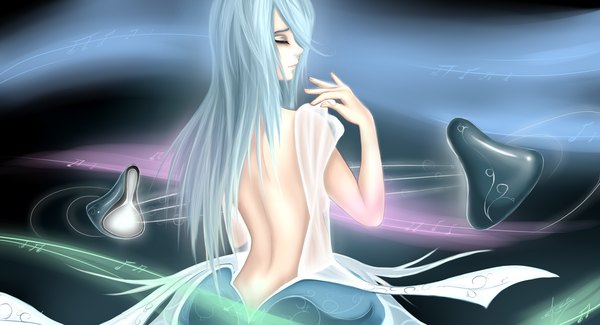 Anime picture 3500x1900 with league of legends sona buvelle zackargunov single long hair highres light erotic wide image blue hair eyes closed lips from behind back girl