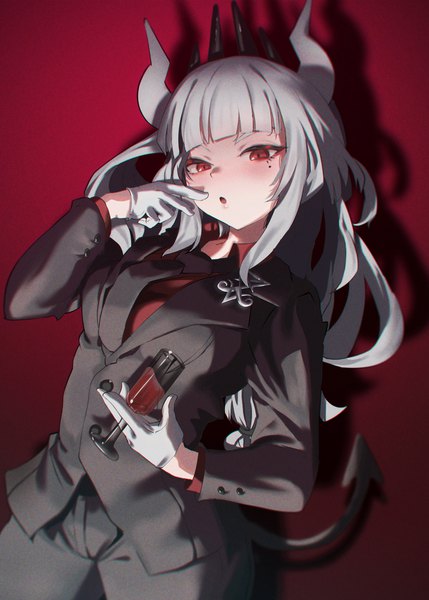Anime picture 1618x2264 with helltaker lucifer (helltaker) shuru y single long hair tall image blush fringe open mouth red eyes silver hair tail blunt bangs horn (horns) mole :o shadow mole under eye finger to mouth red background