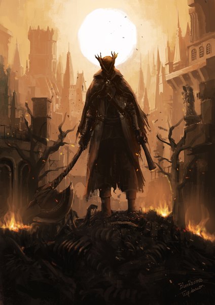 Anime-Bild 1240x1754 mit bloodborne from software hunter (bloodborne) tripdancer single tall image standing holding signed outdoors copyright name dual wielding bare tree skeleton boy weapon plant (plants) hat tree (trees) gun