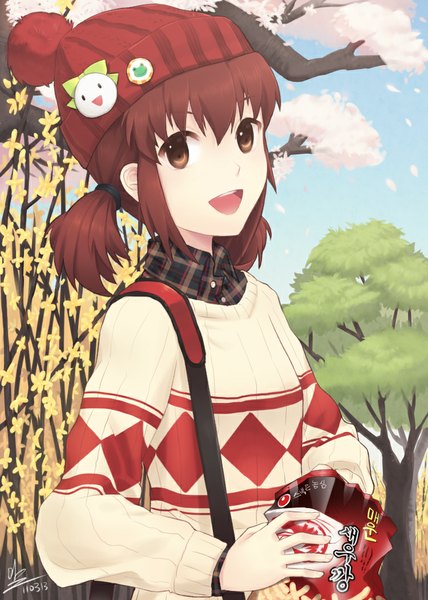 Anime picture 750x1050 with original minari single tall image looking at viewer short hair open mouth brown hair brown eyes cherry blossoms girl flower (flowers) plant (plants) petals tree (trees) sweater cap