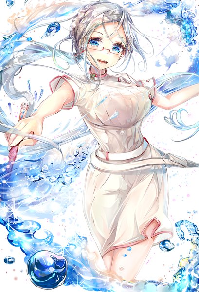 Anime picture 682x1000 with isekai yakkyoku original eleonora bonnefoy keepout single long hair tall image looking at viewer blush breasts open mouth blue eyes simple background smile large breasts white background holding silver hair head tilt official art