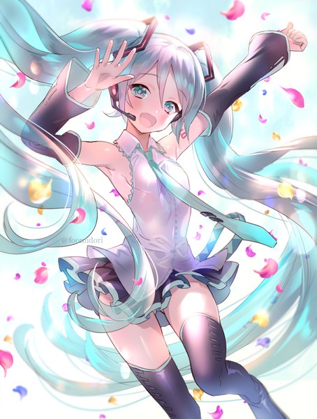 Anime-Bild 757x1000 mit vocaloid hatsune miku midori foo single tall image looking at viewer blush fringe breasts open mouth light erotic smile hair between eyes twintails signed very long hair head tilt :d pleated skirt aqua eyes