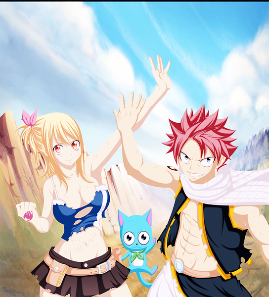 Anime picture 1000x1103 with fairy tail lucy heartfilia natsu dragneel happy (fairy tail) dartroberth long hair tall image short hair light erotic blonde hair smile pink hair sky cloud (clouds) armpit (armpits) grey eyes orange eyes tattoo sleeveless grin