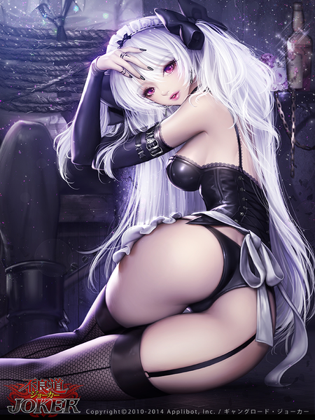 Anime picture 700x933 with joker ~gang road~ dadachyo single long hair tall image looking at viewer breasts light erotic red eyes ass white hair copyright name girl thighhighs underwear panties bow hair bow detached sleeves corset