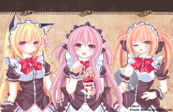 Anime picture 1932x1255 with original cecille kisaragi ameyuki sanada chiyo tsuzuka kitsuneco long hair looking at viewer blush fringe highres open mouth blonde hair red eyes twintails multiple girls holding signed animal ears pink hair :d