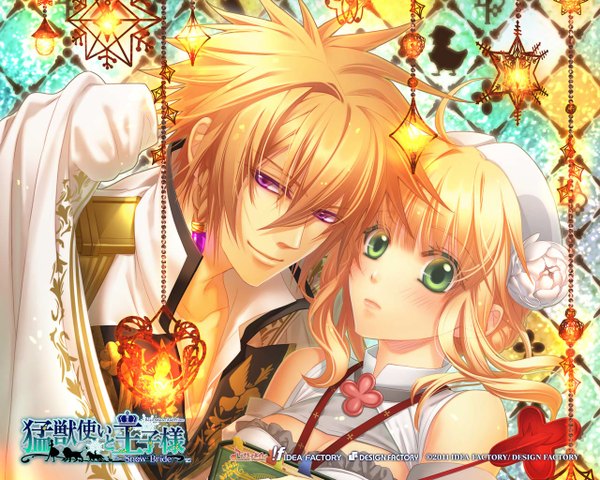 Anime picture 1280x1024 with beast master and prince (game) idea factory tiana (beast master and prince) matheus long hair blush blonde hair smile purple eyes green eyes braid (braids) hair flower open clothes open shirt couple light snow partially open clothes girl boy