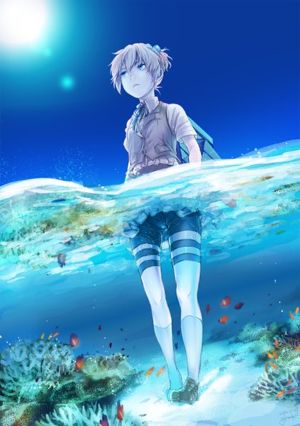 Anime picture 874x1240 with kantai collection shiranui destroyer hitaki azami single tall image short hair blue eyes looking away pink hair sky ponytail from below girl skirt animal water socks fish (fishes) sun leggings