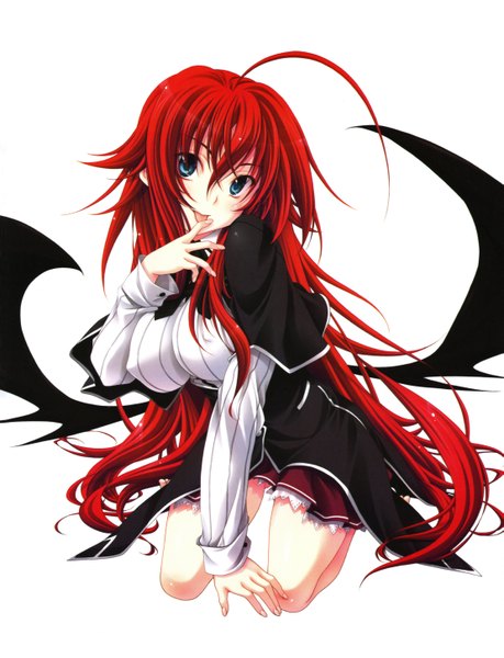 Anime picture 4433x5793 with highschool dxd rias gremory miyama zero long hair tall image looking at viewer highres blue eyes light erotic white background absurdres ahoge red hair scan official art girl uniform school uniform wings