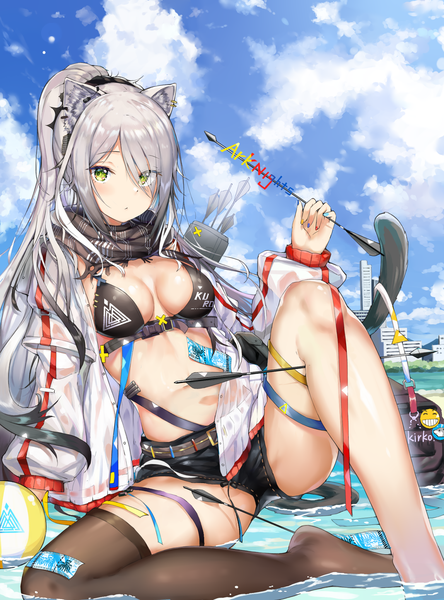 Anime picture 1516x2048 with arknights schwarz (arknights) kiriko (araragikoyomi) single long hair tall image looking at viewer blush fringe breasts light erotic large breasts sitting holding green eyes signed animal ears payot sky cloud (clouds)