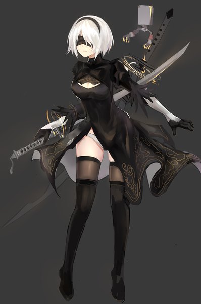Anime picture 3424x5159 with nier nier:automata yorha no. 2 type b pod (nier:automata) annnna single tall image highres short hair light erotic simple background standing absurdres cleavage full body white hair parted lips puffy sleeves black background side slit