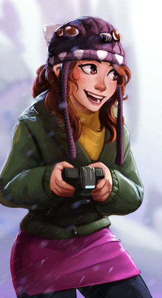 Аниме картинка 1024x1876 с carlos eduardo один (одна) длинные волосы высокое изображение улыбка красные глаза каштановые волосы девушка головной убор зимняя (тёплая) одежда