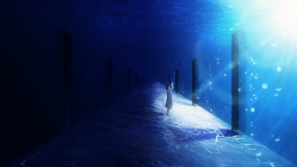 Anime picture 2560x1440 with original y y (ysk ygc) single long hair highres black hair wide image eyes closed wallpaper underwater girl water bubble (bubbles)