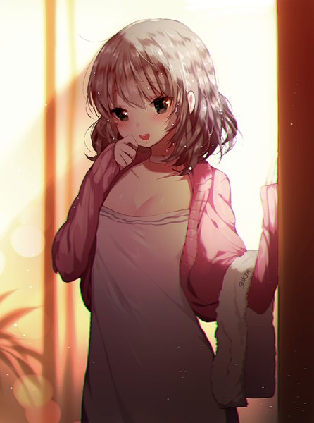 Anime picture 669x900 with original sorolp single tall image looking at viewer blush short hair open mouth silver hair black eyes girl choker towel
