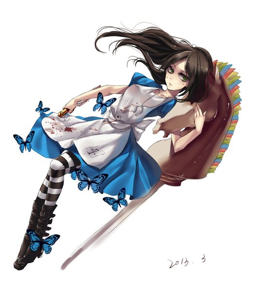 Anime picture 1184x1367 with american mcgee's alice (game) alice: madness returns alice (american mcgee's) hug (yourhug) single long hair tall image simple background brown hair white background holding green eyes looking away bloody clothes bloody weapon girl weapon pantyhose boots pendant