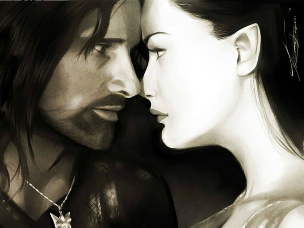 Anime picture 1413x1060 with lord of the rings arwen undomiel aragorn sparkyyy (artist) long hair short hair black hair lips pointy ears couple black background monochrome close-up face pale skin face to face girl boy pendant jewelry