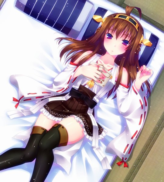 Anime picture 900x1000 with kantai collection kongou battleship door to heaven single long hair tall image looking at viewer blush brown hair purple eyes ahoge traditional clothes nontraditional miko girl hair ornament detached sleeves bed thigh boots
