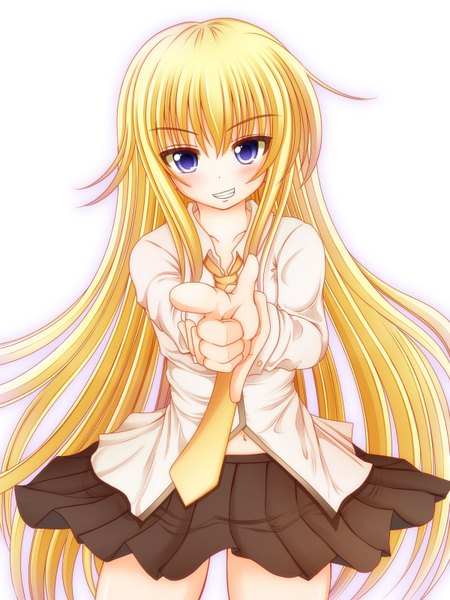 Anime picture 1200x1600 with original mazakura senju single long hair tall image blue eyes simple background blonde hair smile white background girl miniskirt shirt necktie