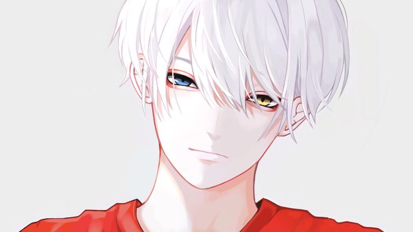 Anime picture 1200x674 with original seniori single looking at viewer fringe short hair simple background hair between eyes wide image white hair head tilt grey background heterochromia face boy