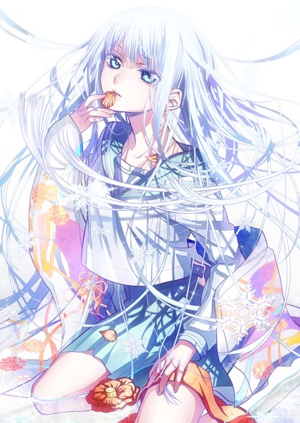 Anime picture 1207x1700 with original kaminary single long hair tall image blue eyes silver hair kneeling girl flower (flowers) petals water serafuku