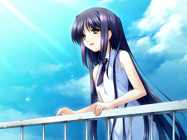 Anime picture 1024x768 with saishuu shiken kujira (game) zexcs circus (studio) kujira no shoujo single long hair fringe short hair open mouth black hair standing bare shoulders yellow eyes payot blue hair looking away game cg sky cloud (clouds) outdoors