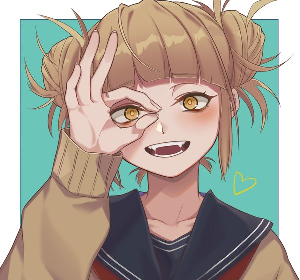 Anime picture 1070x1000 with boku no hero academia studio bones toga himiko heridy single looking at viewer blush fringe short hair open mouth simple background blonde hair smile yellow eyes upper body ahoge blunt bangs :d arm up teeth