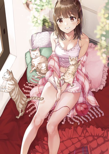 Anime picture 2508x3544 with original matsuzaki miyuki single tall image looking at viewer blush fringe highres short hair breasts light erotic smile brown hair sitting bare shoulders brown eyes cleavage indoors from above bare legs