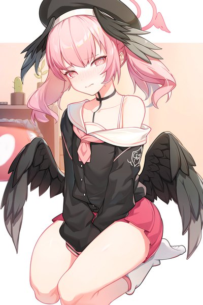 Anime picture 2400x3600 with blue archive koharu (blue archive) sugar (dndi888) single long hair tall image blush fringe highres light erotic hair between eyes sitting twintails pink hair full body pink eyes off shoulder embarrassed black wings head wings