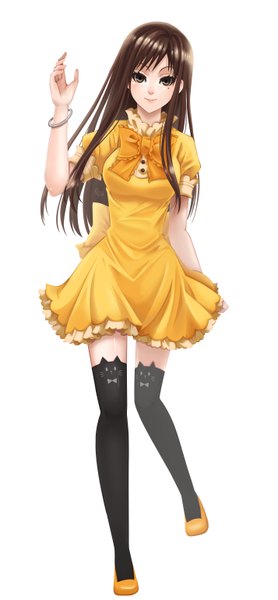 Anime picture 1427x3071 with ladygreantep single long hair tall image looking at viewer fringe breasts simple background smile brown hair white background black eyes zettai ryouiki walking girl thighhighs dress bow black thighhighs shoes