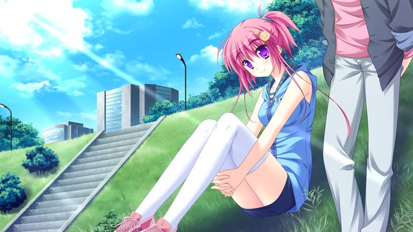 Anime picture 1280x720 with diamic days lump of sugar koboshi renko sesena yau short hair wide image purple eyes pink hair game cg girl thighhighs white thighhighs