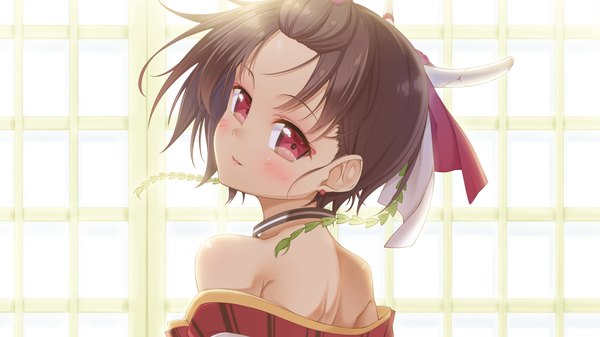 Anime picture 1280x720 with sengoku hime 5 single blush short hair black hair red eyes wide image bare shoulders game cg looking back girl hair ornament