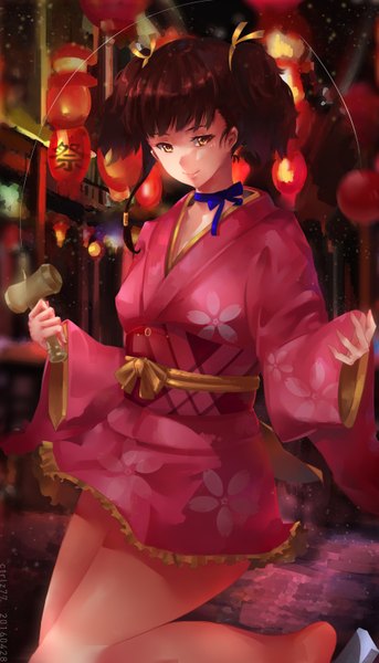 Anime picture 1810x3162 with koutetsujou no kabaneri wit studio mumei (kabaneri) ctrlz77 single tall image highres short hair black hair smile twintails brown eyes traditional clothes japanese clothes short twintails girl ribbon (ribbons) hair ribbon kimono obi