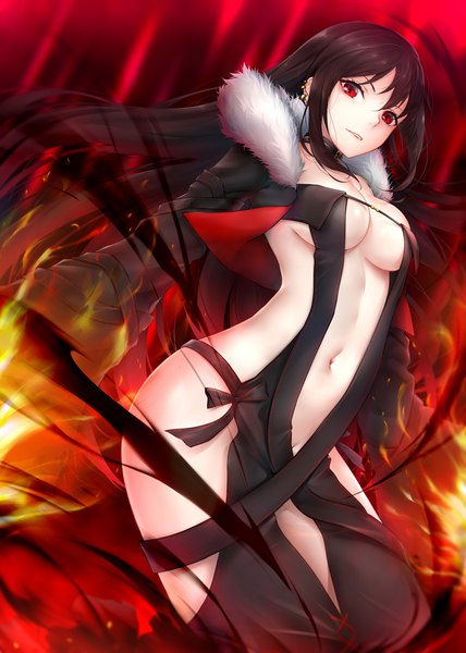 Anime picture 5000x7000 with fate (series) fate/grand order yu mei-ren (fate) rei kun single long hair tall image looking at viewer fringe highres breasts light erotic hair between eyes red eyes large breasts payot absurdres parted lips fur trim piercing