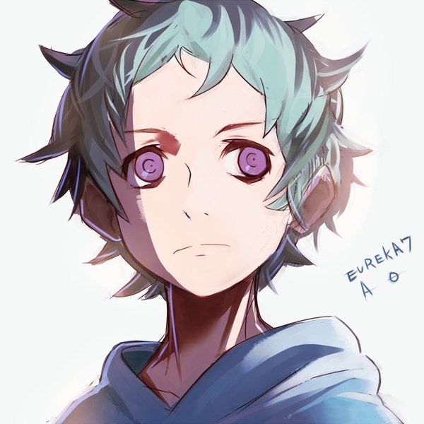 Anime picture 800x800 with eureka seven eureka seven ao studio bones fukai ao hajime (hajime-ill-1st) single short hair simple background purple eyes looking away aqua hair grey background copyright name portrait spiked hair boy