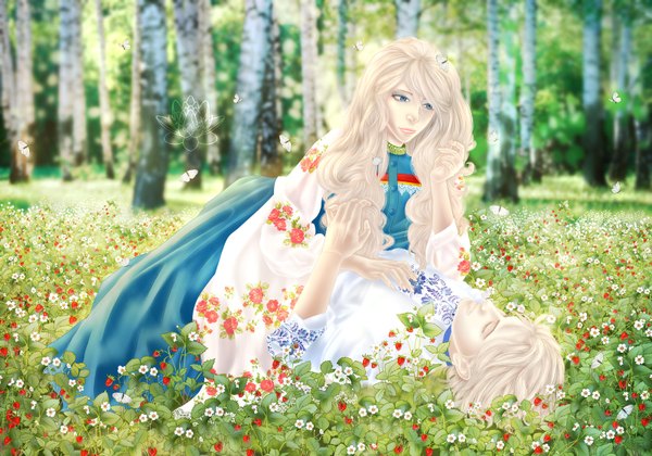 Anime picture 1600x1120 with axis powers hetalia studio deen russia (hetalia) belarus (hetalia) yaroslavapanina long hair short hair blue eyes blonde hair sitting lying very long hair traditional clothes couple sitting on person girl dress boy plant (plants) shirt