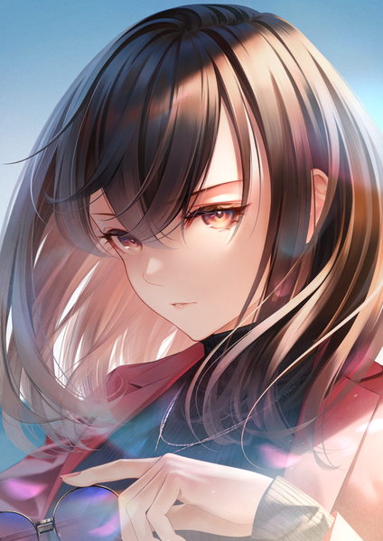Anime picture 1343x1900 with original sousou (sousouworks) single long hair tall image fringe hair between eyes brown hair holding brown eyes looking away upper body parted lips sunglasses removed girl necklace sunglasses turtleneck