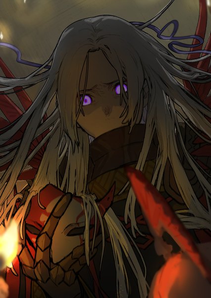 Anime picture 1447x2039 with fire emblem fire emblem: three houses nintendo edelgard von hresvelg flame emperor piichi single long hair tall image looking at viewer fringe purple eyes holding silver hair upper body blurry glowing glowing eye (eyes) covered mouth spoilers